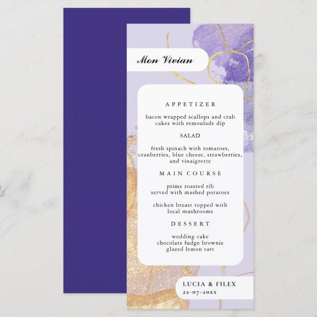 Luxury Purple & Golden Abstract Guest Name Dinner Menu (Front/Back)