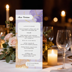 Luxury Purple & Golden Abstract Guest Name Dinner Menu