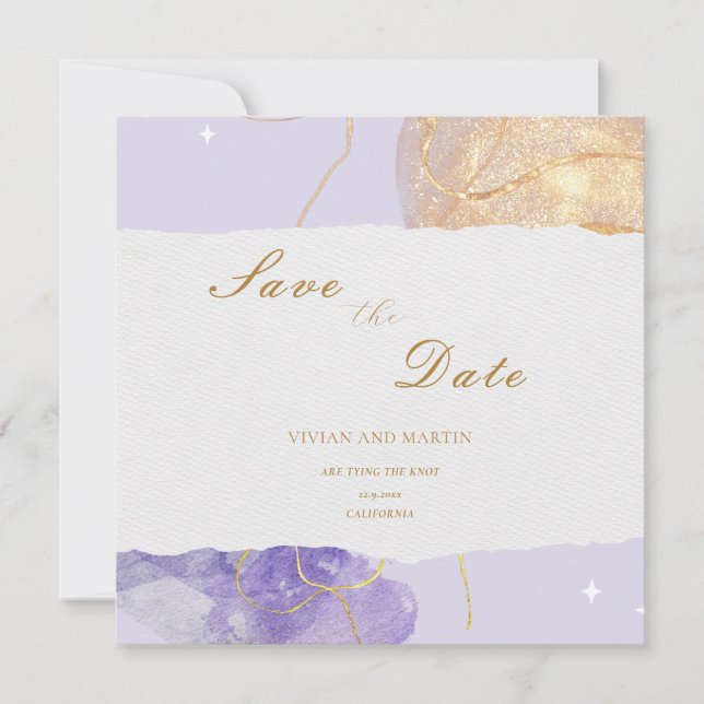 Luxury Purple & Golden Abstract  Save The Date Invitation (Front)