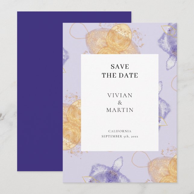 Luxury Purple & Golden Abstract Save The Date Invitation (Front/Back)