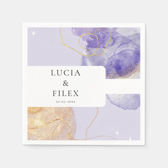 Luxury Purple & Golden Abstract Wedding Napkins (Front)