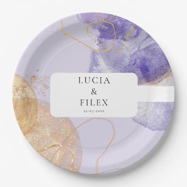 Luxury Purple & Golden Abstract Wedding Paper Plates (Front)