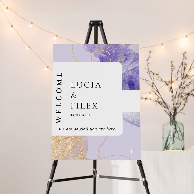  Luxury Purple & Golden Abstract Wedding Welcome Foam Board (In Situ (Stand))
