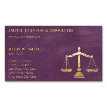 Luxury Purple Lawyer Scales Of Justice Gold Look Magnetic Business Card by superdazzle at Zazzle