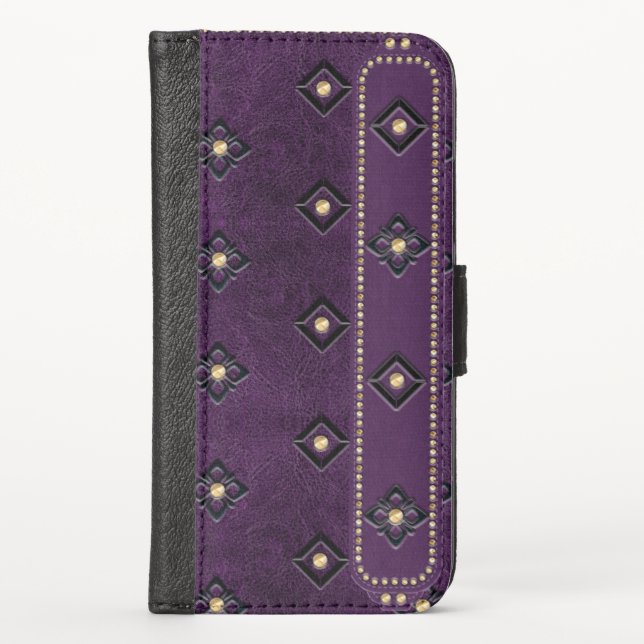 Luxury Purple Leather Embedded Floral & Studs iPhone Wallet Case (Front)