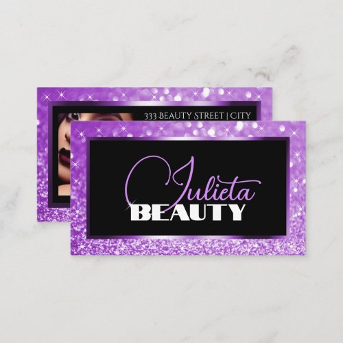 Luxury Purple Lilac Sparkle Glitter Photo Template Business Card