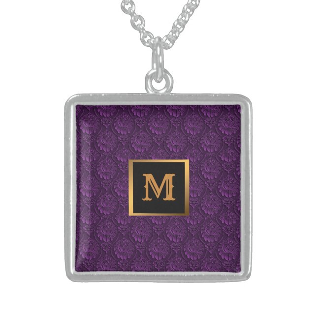 Luxury Purple Monogrammed Floral Sterling Silver Necklace (Front)