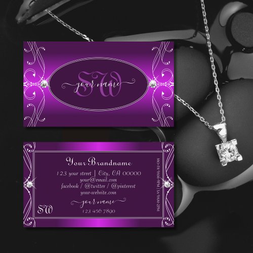Luxury Purple Ombre Ornate Sparkle Jewels Monogram Business Card