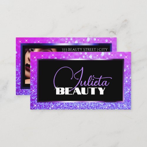 Luxury Purple Pink Sparkle Glitter Photo Template  Business Card