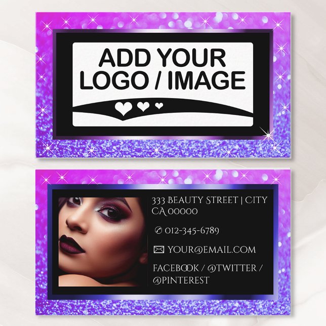Luxury Purple Pink Sparkle Logo Photo Template Business Card (Creator Uploaded)