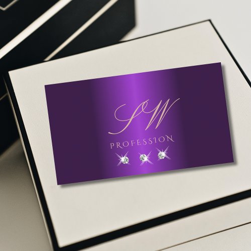 Luxury Purple Rose Gold Sparkle Diamonds Initials Business Card