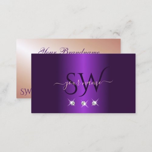 Luxury Purple Rose Gold Sparkle Diamonds Monogram Business Card