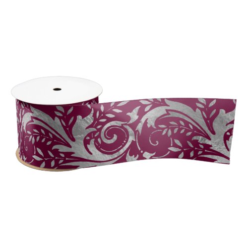 Luxury Purple Silver Foil Ornate Floral Pattern Satin Ribbon