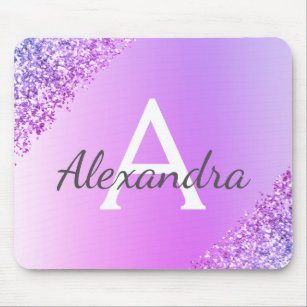 Luxury Purple Sparkle Glitter Monogram Name Mouse Pad