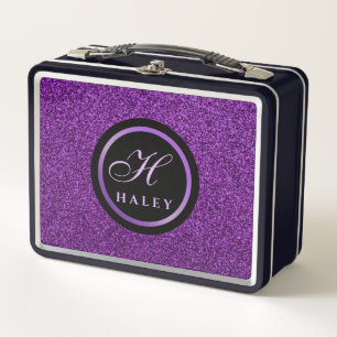 Luxury Purple Sparkles Glitter Monogrammed Initial Metal Lunch Box