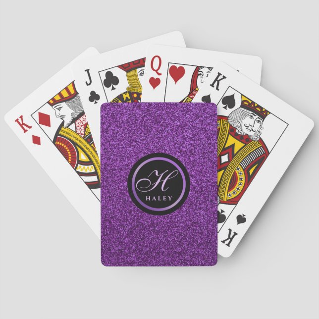 Luxury Purple Sparkles Glitter Monogrammed Initial Poker Cards (Back)