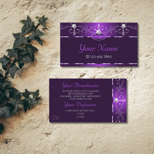 Luxury Purple Squiggles Sparkle Diamonds Monogram Business Card