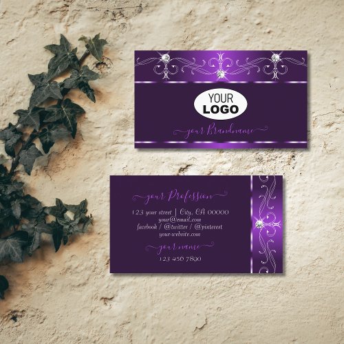 Luxury Purple Squiggles Sparkle Diamonds with Logo Business Card