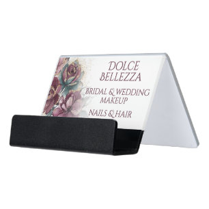 Luxury Purple Teal Blush Pink Floral Bridal Makeup Desk Business Card Holder