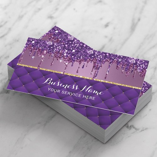 Luxury Purple Tufted Modern Glitter Drips Salon Business Card