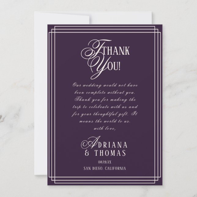 Luxury Purple Wedding Thank You Card (Front)