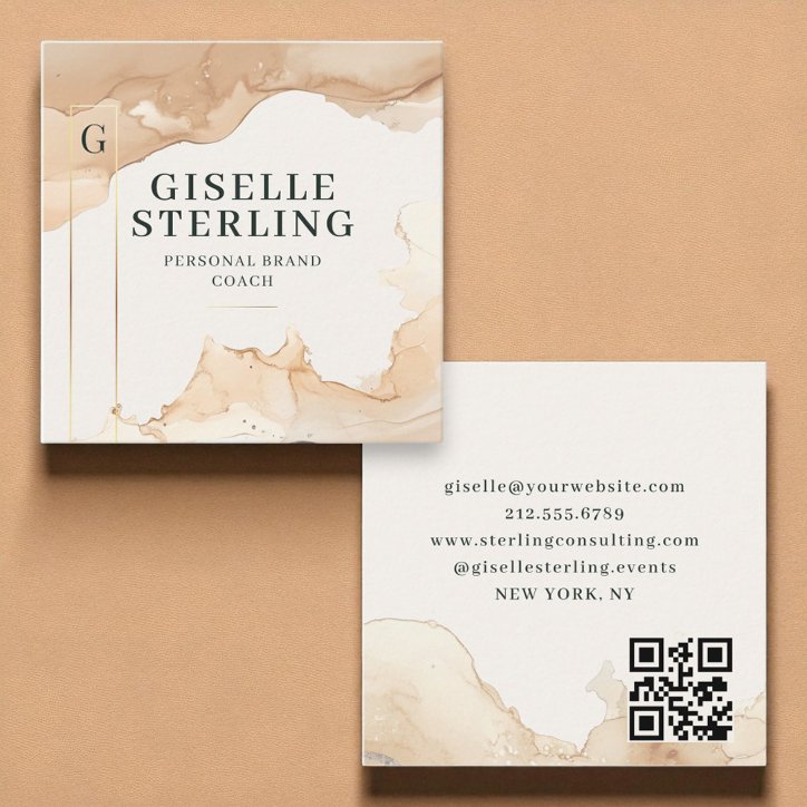 Luxury QR Code Beige Watercolor Gold Foil Square Business Card
