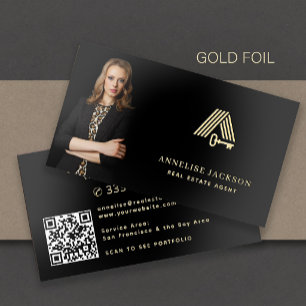 Luxury QR code black gold real estate agent  Foil Business Cards