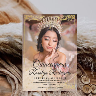 Luxury Quinceanera Gold White Photo Invitation