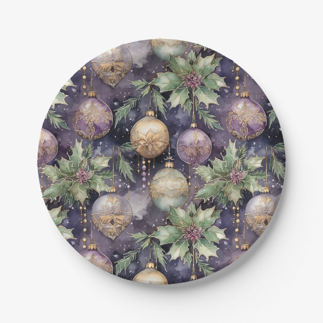 Luxury Radiance: Purple and Gold Christmas Splendo Paper Plates (Front)