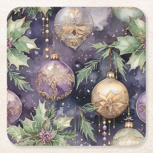 Luxury Radiance Purple and Gold Christmas Splendo Square Paper Coaster