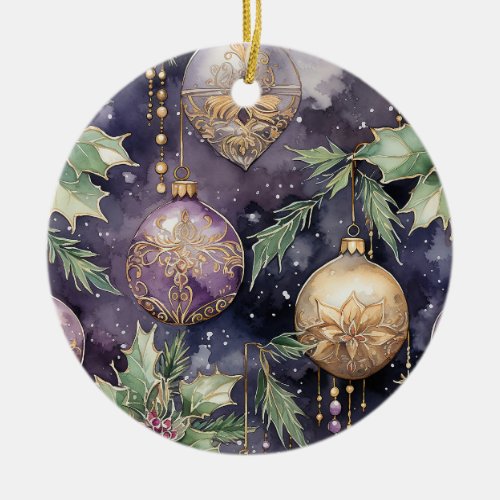 Luxury Radiance Purple and Gold Christmas Splendor Ceramic Ornament