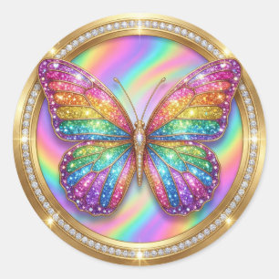 Luxury Rainbow Glitter Butterfly Classic Round Sticker