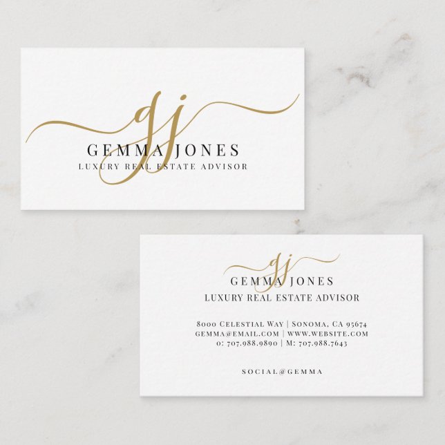 Luxury Real Estate Advisor Gold Script Monogram Business Card (Front/Back)