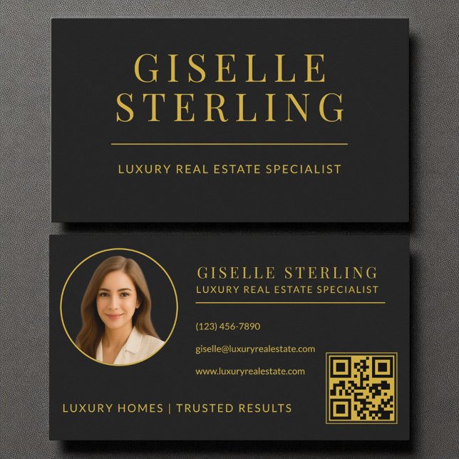 Luxury Real Estate Agent Black and Gold QR Code Business Card (Creator Uploaded)