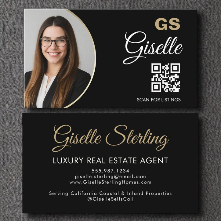 Luxury Real Estate Agent Black Gold Photo QR Code Business Card