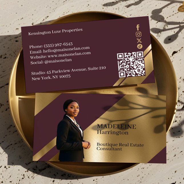Luxury Real Estate Agent Burgundy & Gold Photo Business Card (Luxury Real Estate Agent Black & Gold Black Luxe Business Card)