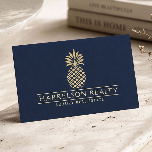 Luxury Real Estate Agent Gold Pineapple Logo Navy Business Card