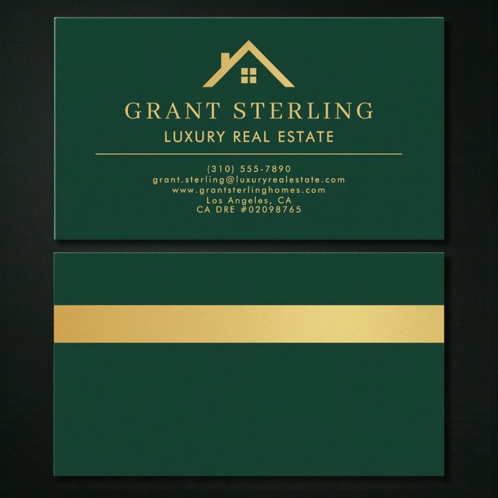 Luxury Real Estate Agent Green Gold Metallic Business Card