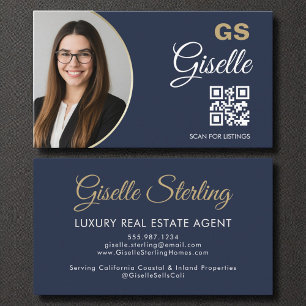 Luxury Real Estate Agent Navy Blue Gold QR Code Business Card