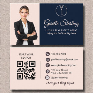 Luxury Real Estate Agent Navy Blush Photo QR Code Business Card