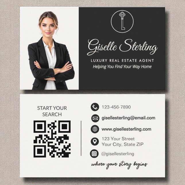 Luxury Real Estate Agent Neutral Photo QR Code  Business Card (Creator Uploaded)