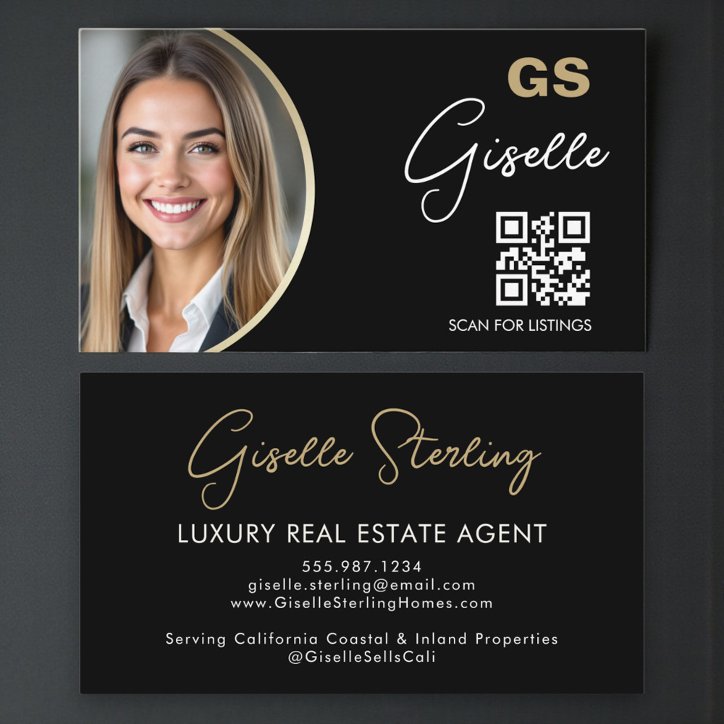 Luxury Real Estate Agent QR Code Black Gold Photo Business Card