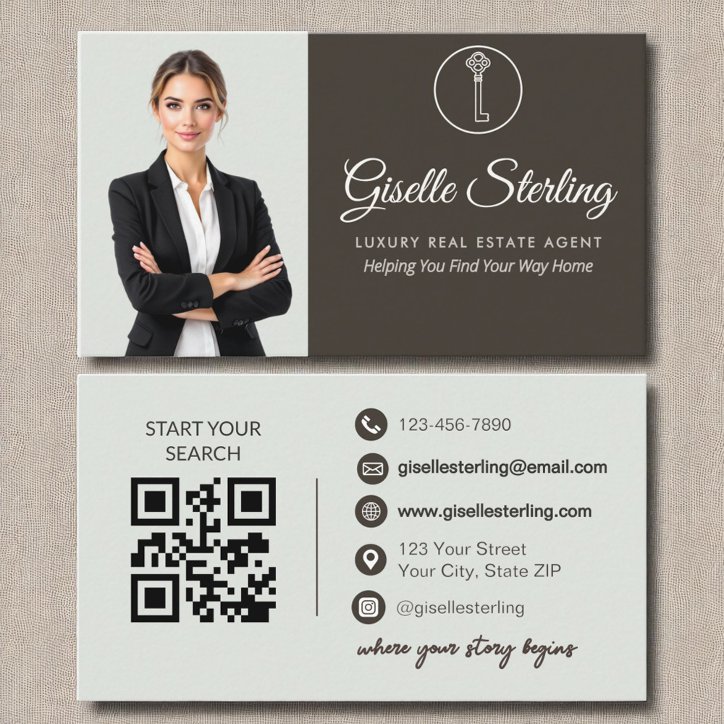 Luxury Real Estate Agent Sage Green Photo QR Code Business Card