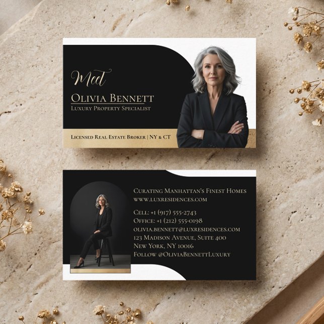 Luxury Real Estate Arch Frame Photo Black Gold Business Card (Luxury Real Estate Arch Frame Photo Black Gold Business Card)