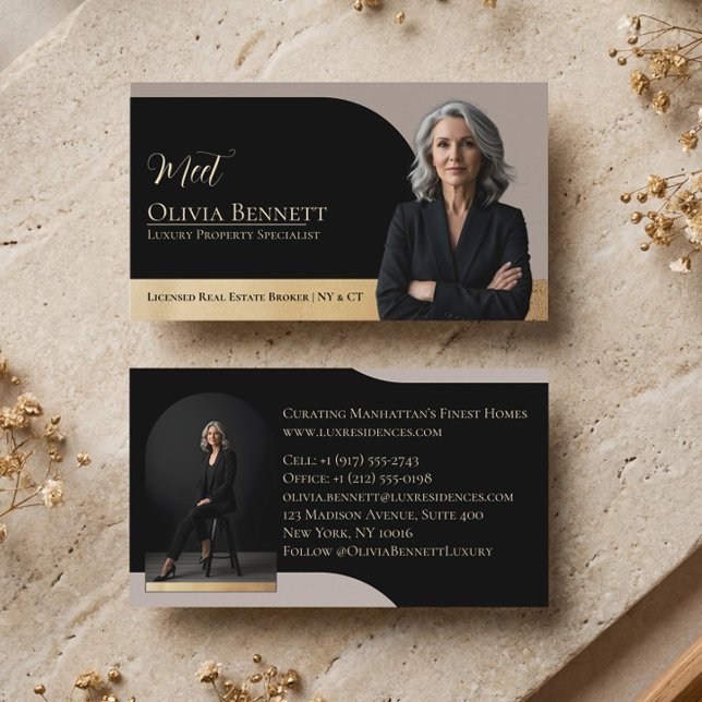 Luxury Real Estate Arch Frame Photo Black Gold Business Card (Luxury Real Estate Arch Frame Photo Black Gold Business Card)