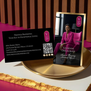 Luxury Real Estate Black Gold Pink Photo Monogram Business Card