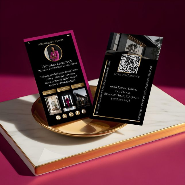 Luxury Real Estate Black Gold Pink Social Photos Business Card (Luxury Real Estate Black Gold Pink Social Photos Business Card)