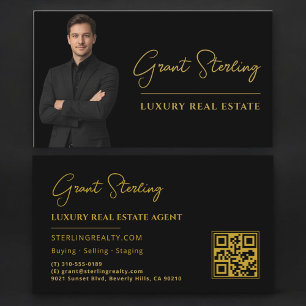 Luxury Real Estate Black Gold QR Code Script Business Card