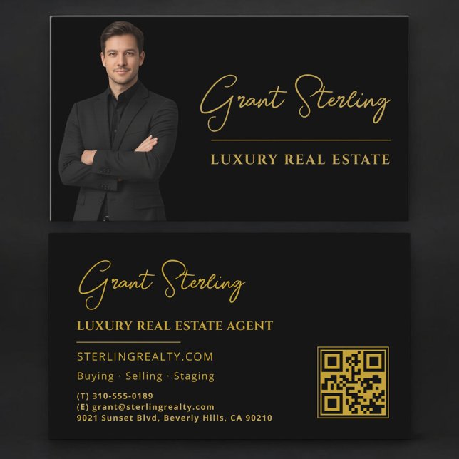 Luxury Real Estate Black Gold QR Code Script  Business Card (Creator Uploaded)