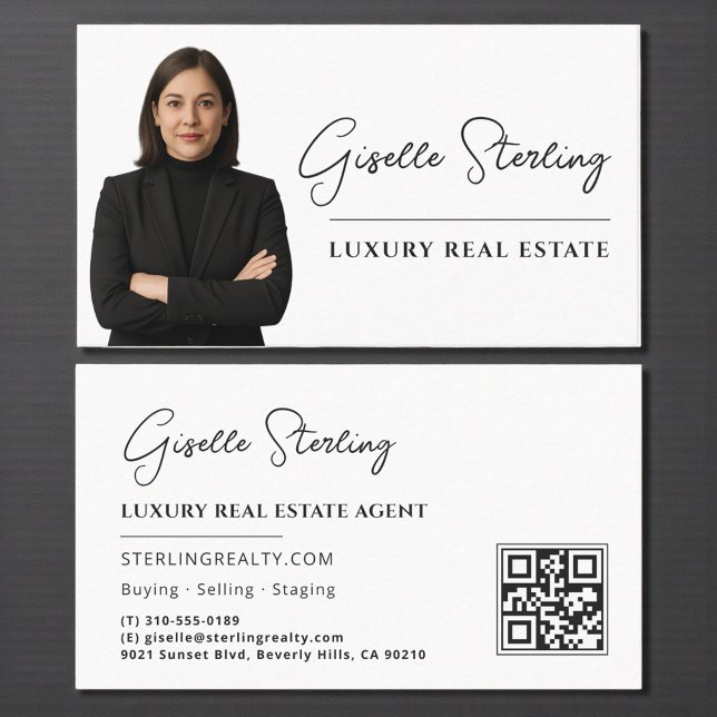 Luxury Real Estate Black & White QR Code Photo Business Card (Creator Uploaded)